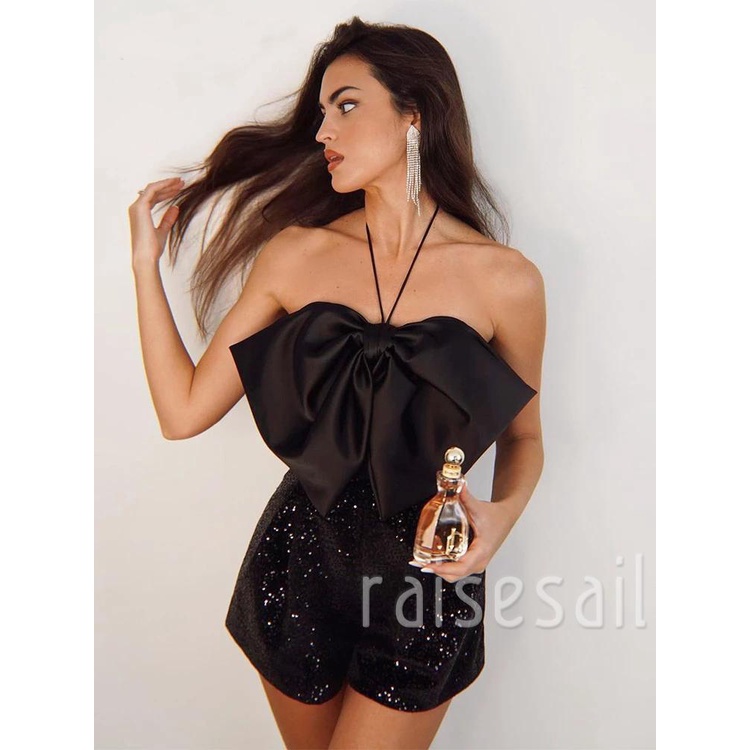 Áo Liền Quần Ngắn Không Tay Đính Nơ Lấp Lánh Dành Cho Nữ