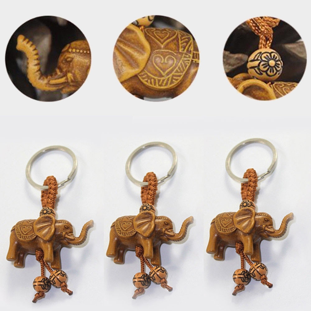 Cod Qipin Simple Lucky Elephant Carving Wooden Pendant Keychain Key Ring Chain Evil Defends Gift