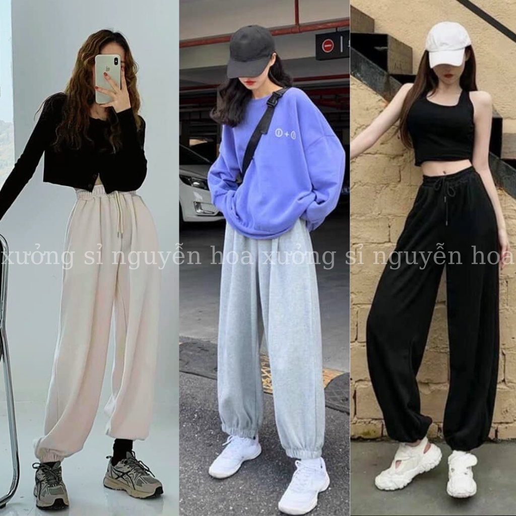 Quần bom bo ống jogger thu đông màu xám đen trắng form rộng unisex dành cho nam nữ xưởng sỉ nguyễn hoa