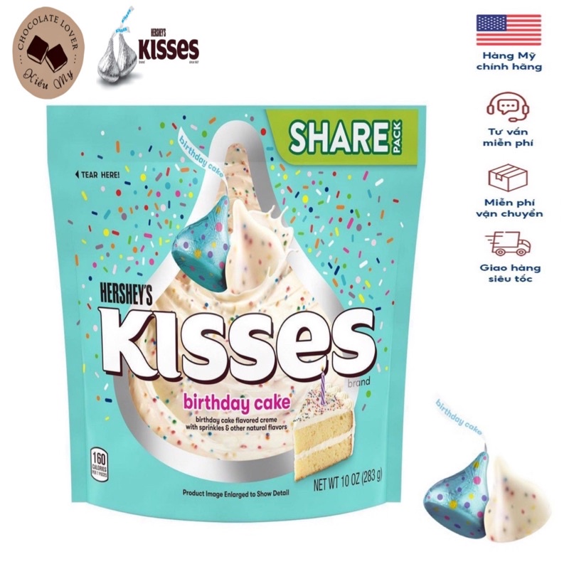 Kẹo Socola Mỹ sữa Hershey's Kisses Birthday Cake gói 283gr vị kem sữa tươi