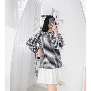 sơ mi caro cổ sen tay nơ