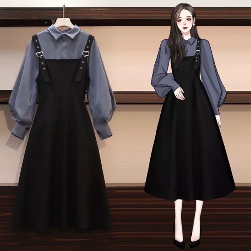 BIGSIZE Set váy yếm midi tiểu thư kèm áo sơ mi thanh lịch Hàng nhập khẩu 👗👗👗