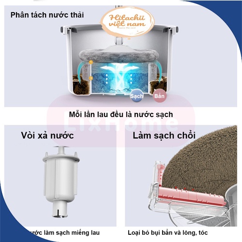 Chổi lau nhà tự vắt thông minh tách nước K9 xoay 360 độ, Cây lau nhà thông minh 360 độ tách nước cán inox kèm thùng