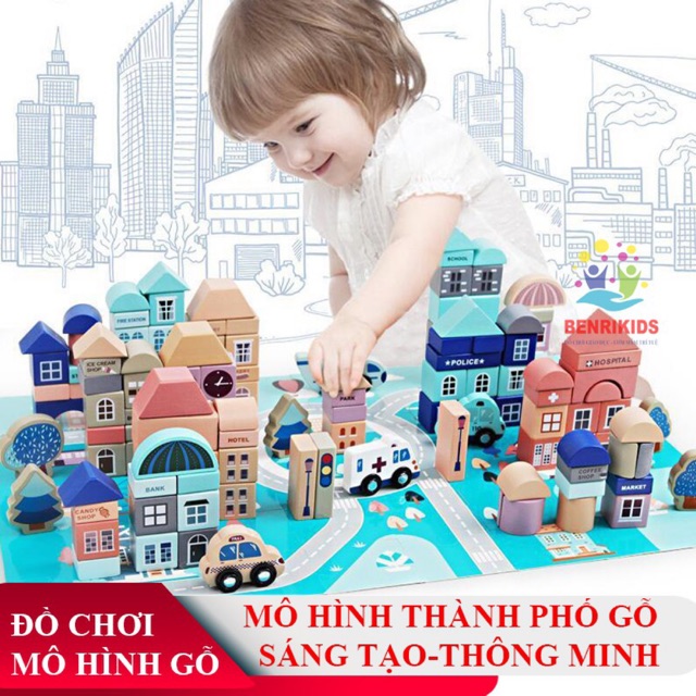 Bộ Đồ Chơi Xếp Hình Khối Mô Hình Thành Phố Bằng Gỗ Kèm Bộ Tranh Ghép Nền 2 Mặt 133 Chi Tiết