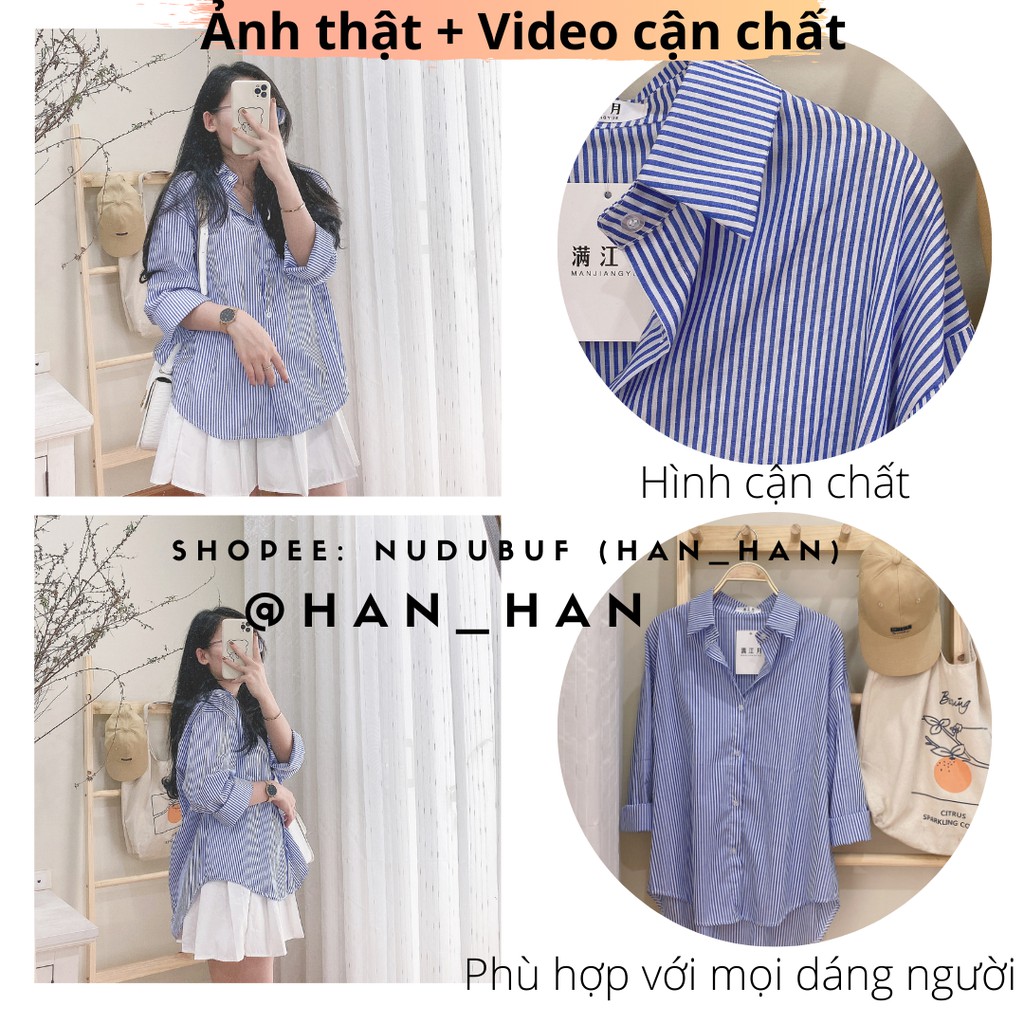 Áo sơ mi kẻ sọc xanh nữ dáng rộng kiểu dáng Hàn Quốc