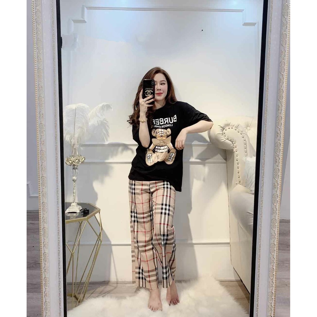 SET BỘ ĐỒ THÊU HÌNH GẤU KẺ BBR ÁO CỘC QUẦN DÀI