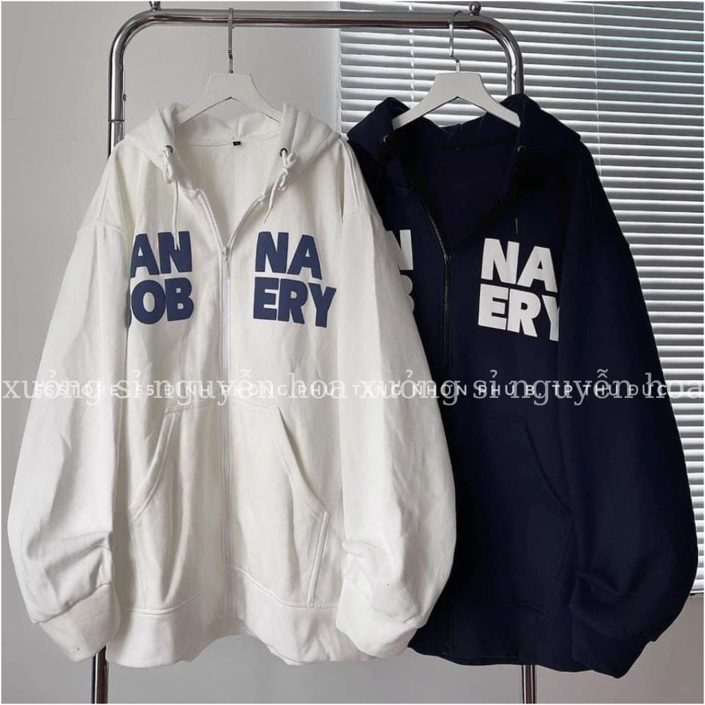 Áo khoác nỉ mũ 2 lớp anna dáng rộng unisex nam nữ mặc đều được 2 màu trắng đen xưởng sỉ nguyễn hoa