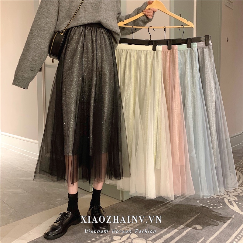 Chân váy maxi Xiaozhainv lưng cao long lanh thời trang dành cho nữ với 5 màu tùy chọn