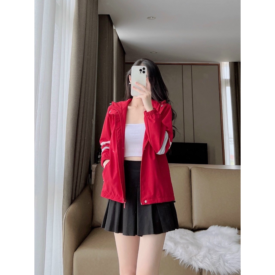 Áo khoác gió nữ 2 lớp, chất vải dày dặn, chống nước, chống gió, có sọc ngang ở tay