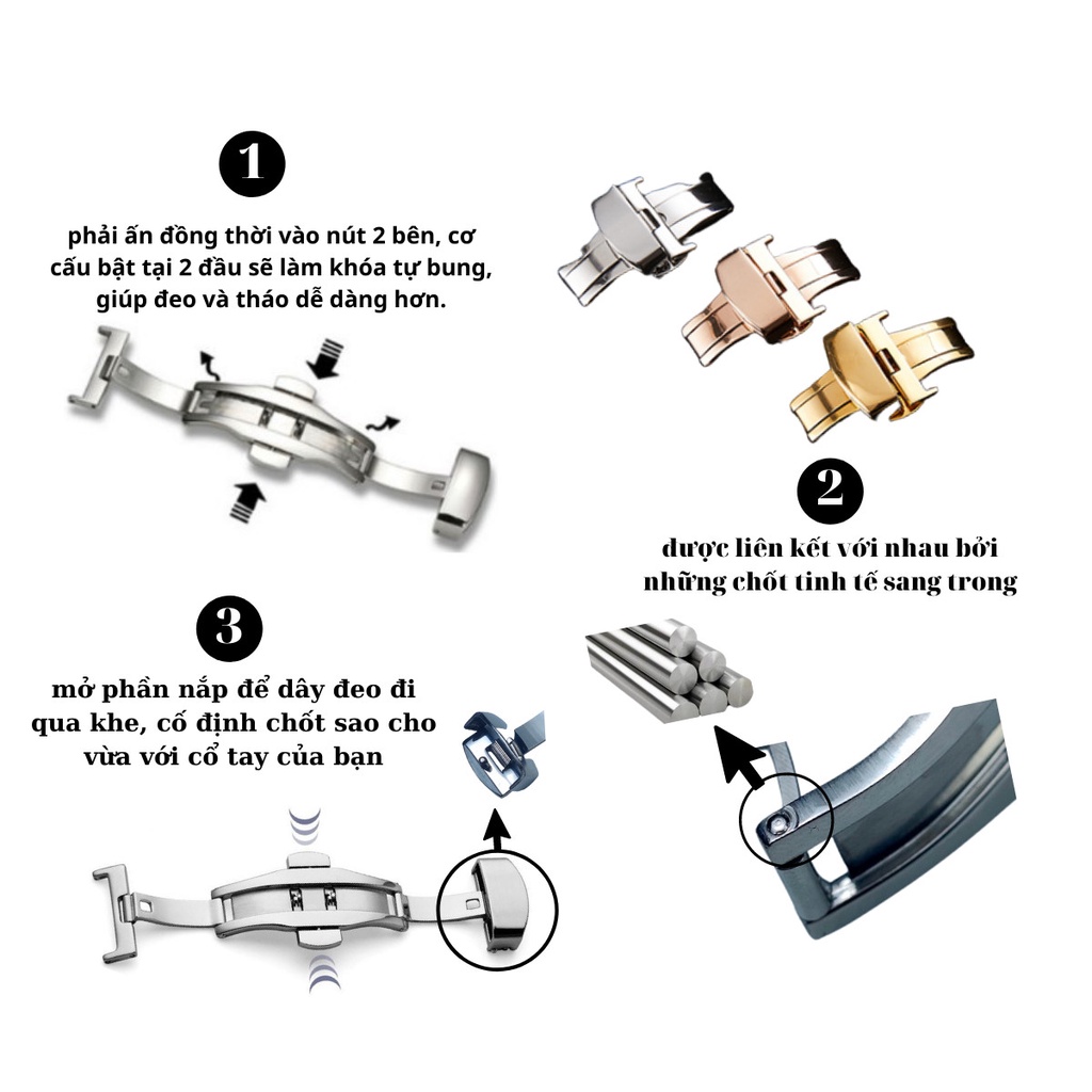 Khóa bướm dây da đồng hồ - Đủ size - 3 màu cơ bản Trắng Vàng chanh Vàng hồng