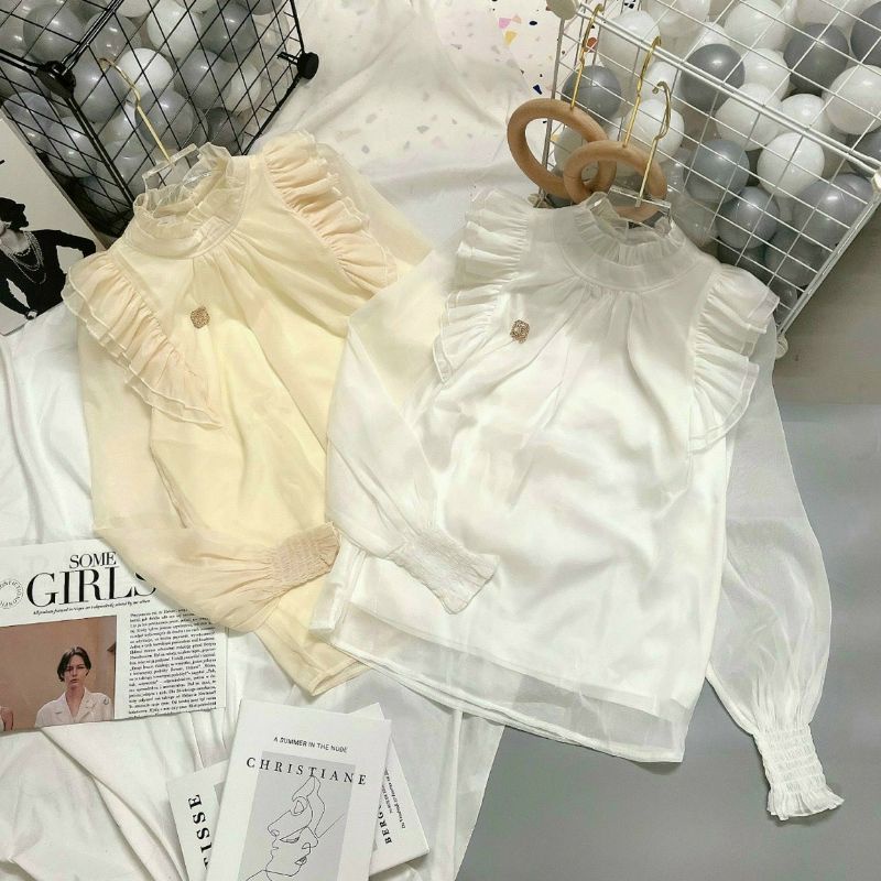 Áo sơ mi cổ trụ bèo lụa óng tay nhún bo