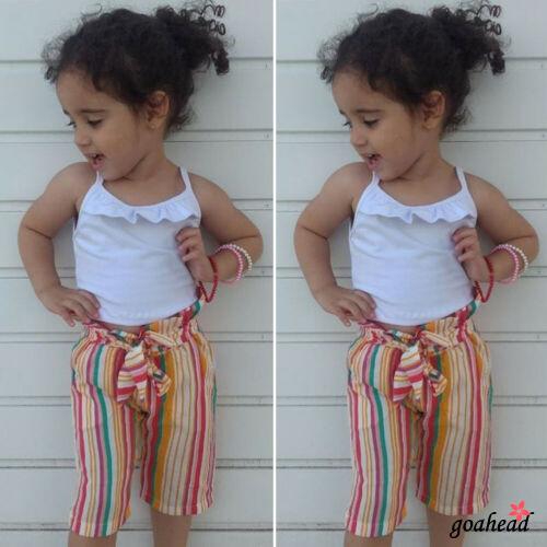 ☞❀❤♕GOAToddler Kids Baby Girl Clothes Sling Ruffle Tops + Rainbow Striped Pants with Knot-Bow Summer Outfits