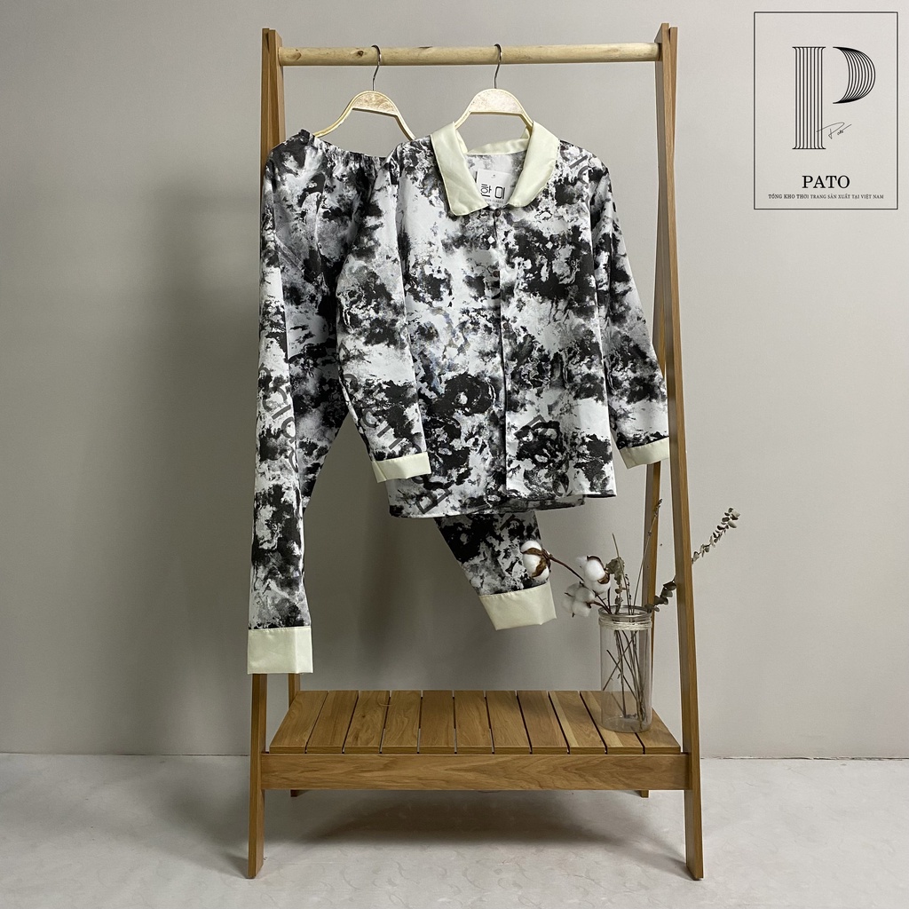Bộ đồ ngủ hoa văn siêu đẹp tay dài quần dài cổ bèo, pijama chất kate giặt không phai, không nhàu (ảnh shop chụp) | BigBuy360 - bigbuy360.vn