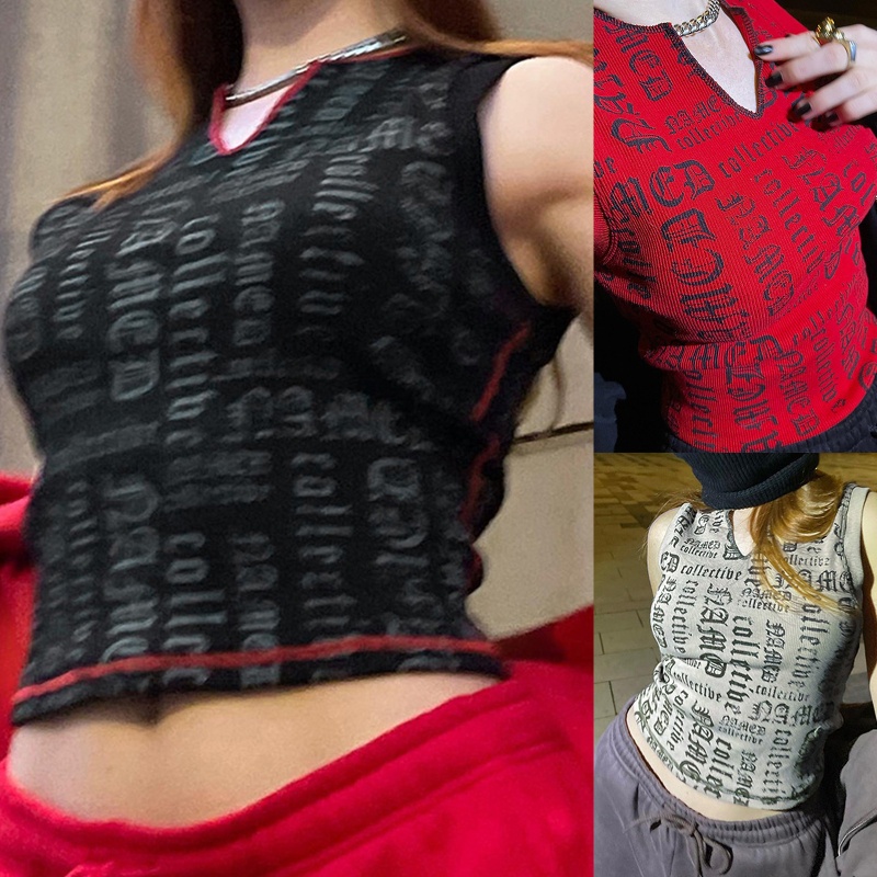 Áo Crop Top Không Tay Cổ Chữ V In Chữ Phong Cách Harajuku Thập Niên 90 Cho Nữ