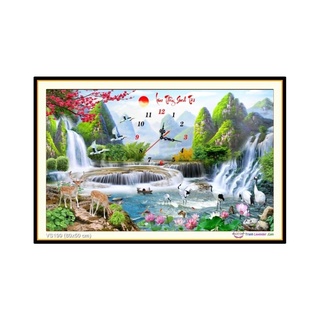 Tranh đính đá đồng hồ phong cảnh kt:80 x 50 cm