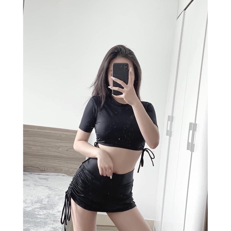 [ ẢNH THẬT]  Bikini, đồ bơi 2 mảnh áo tay ngắn phối váy rút dây màu đen kín đáo