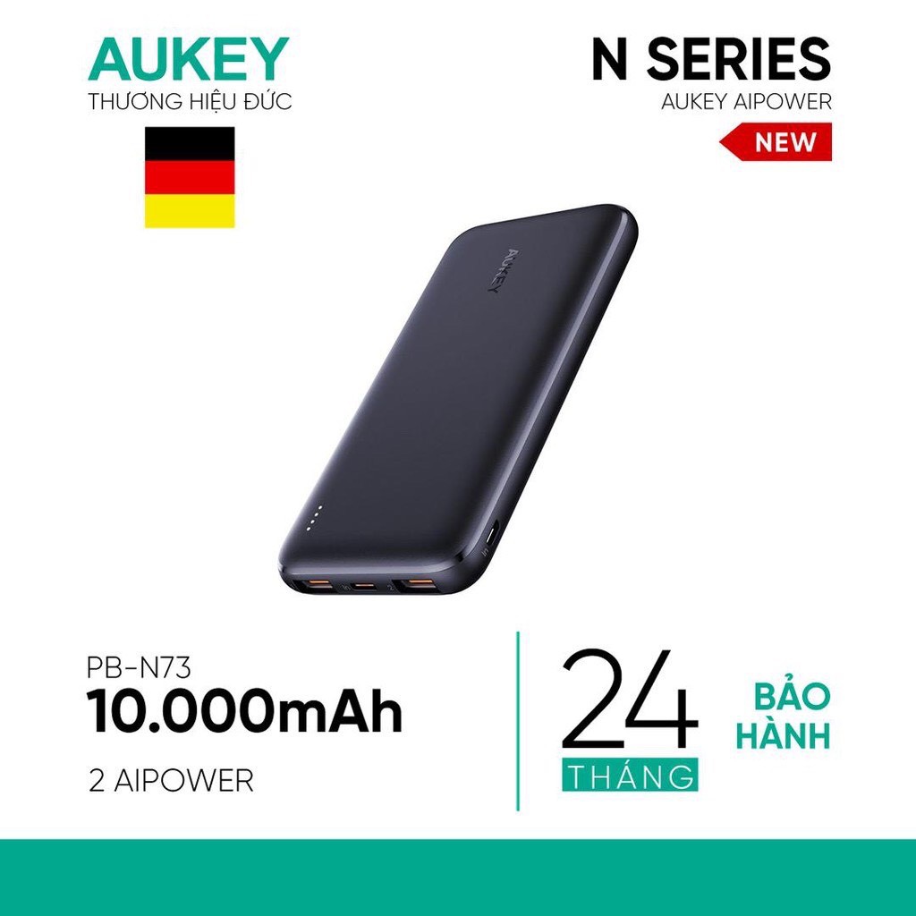 Sạc Dự Phòng Siêu Mỏng 10.000 mAh Aukey PB-N73 1 Cổng Sạc Nhanh Type C 15W, 2 Cổng USB-A - Hàng Chính Hãng