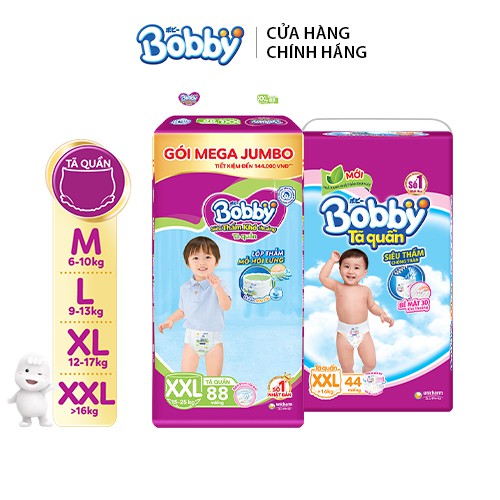 Combo Tã quần Bobby bịch Mega Jumbo + Super Jumbo đủ size M186/L162/XL144/XXL132