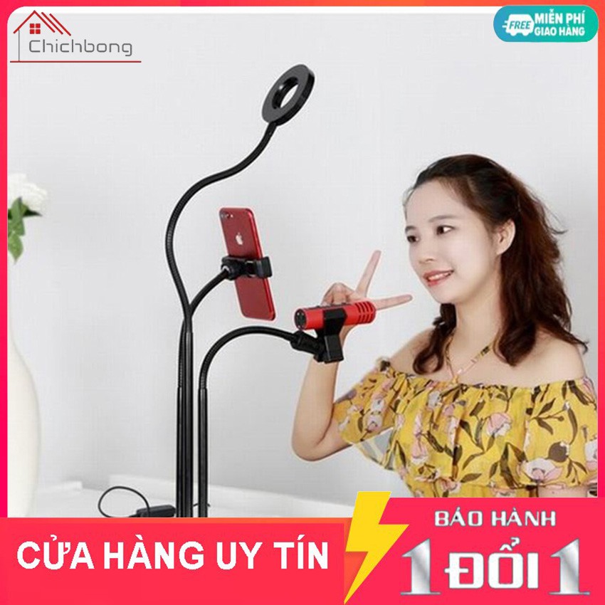 Bộ đèn Hỗ Trợ Live Stream kiêm giá đỡ điện thoại và micro tiện lợi cho bán hàng online, streamer