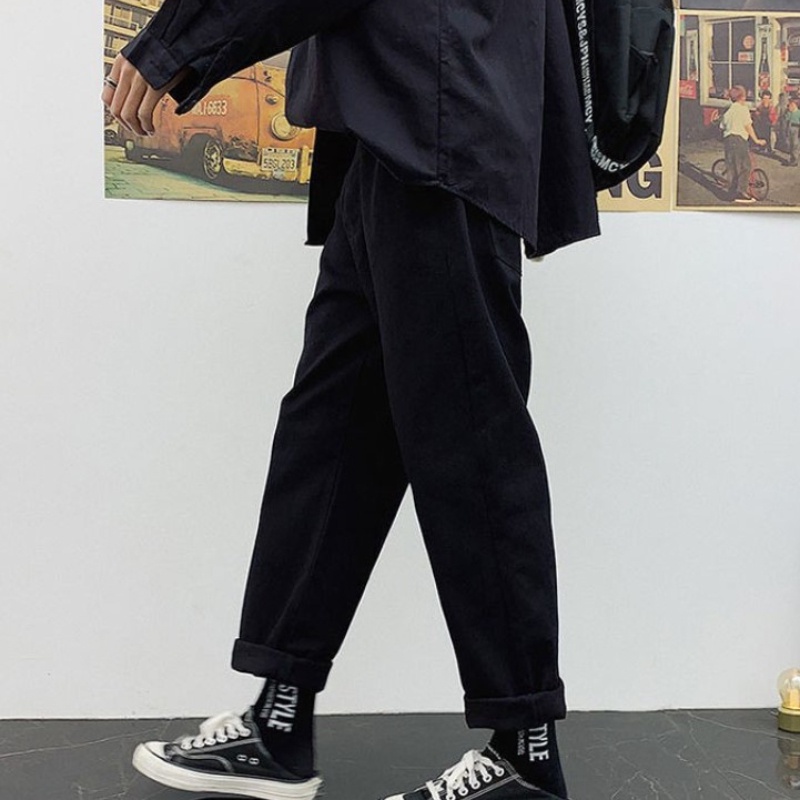 Quần jean ống rộng màu trơn phối dây rút thời trang cho nam size S-3XL