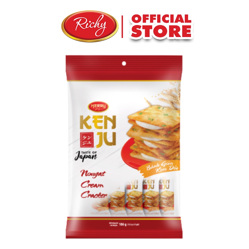 Bánh quy KENJU kem dẻo túi 186g, bánh ăn sáng Richy, Bánh nougat hành (12 gói x 15.5g)