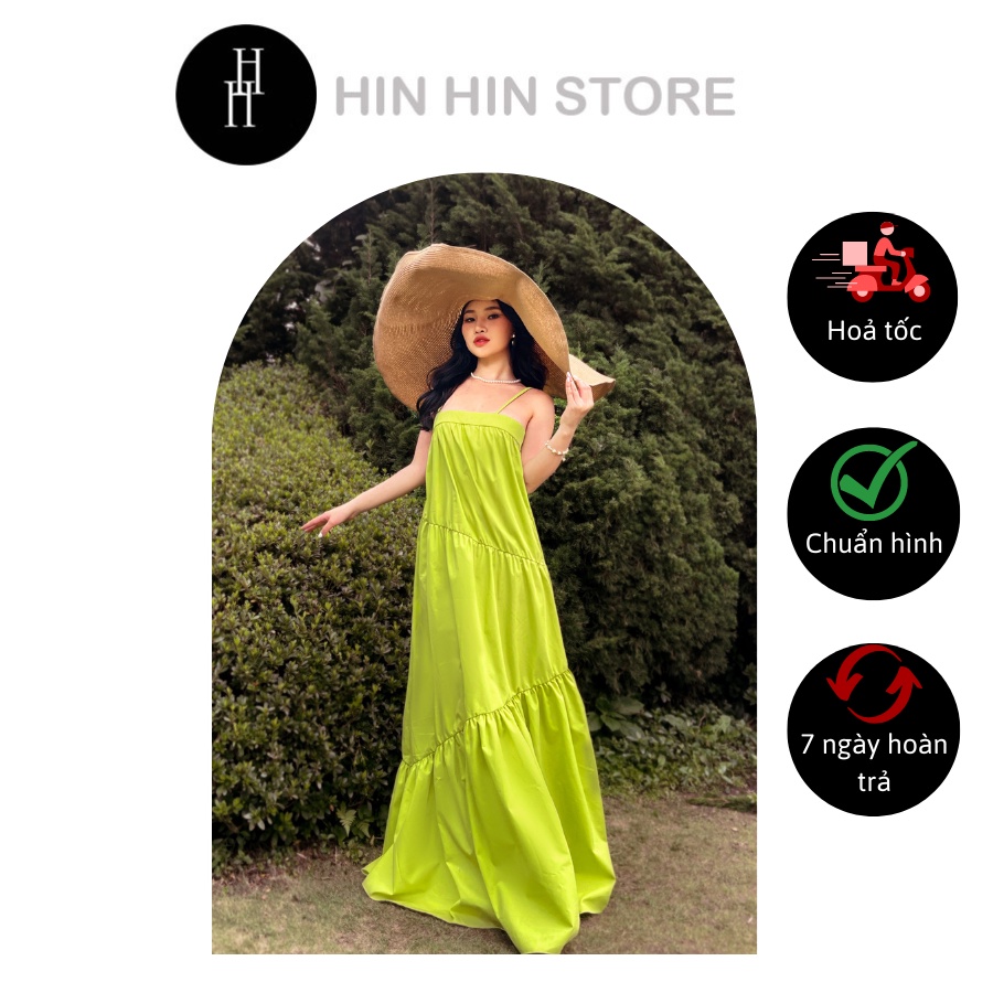 Đầm Babydoll hai dây dài, Váy maxi rộng đi biển màu xanh neon HDC105 Hỉn Hỉn Store