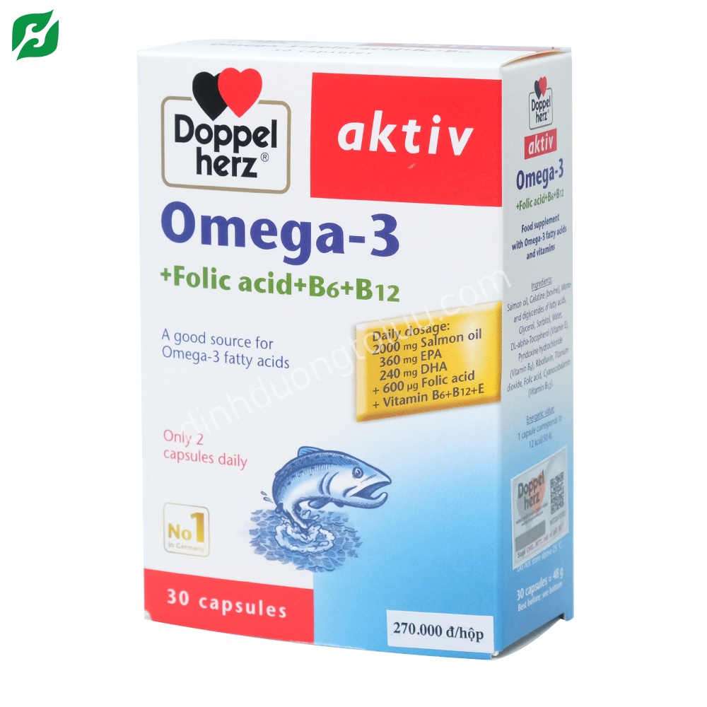 Viên uống Doppelherz Aktiv Omega-3 + Acid Folic + B6 + B12  – Tăng cường sức khoẻ và tốt cho trí não