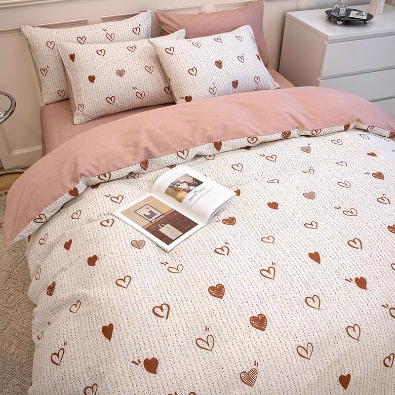 Bộ chăn ga gối 4 món chất cotton 100%, ga giường cotton Tim Kẻ Trắng Valentine 2022 Suhali
