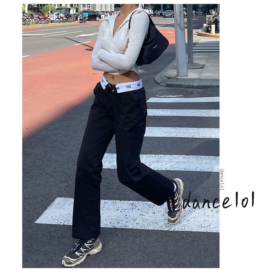 Quần dài lưng thấp in số và chữ phối màu phong cách cá tính thời trang cho nữ