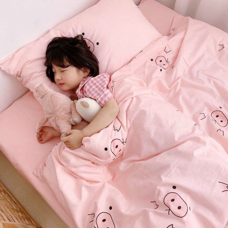 Bộ chăn ga gối Cotton Poly M2T bedding heo hồng, vỏ chăn mền, drap giường và 2 vỏ gối