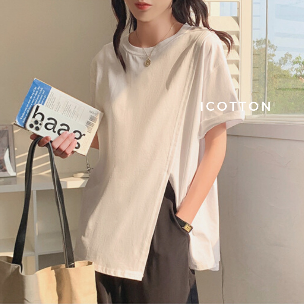 Áo thun nữ ICOTTON áo phông tay lỡ phom rộng xẻ tà 100%cotton kiểu dáng mặc hè mát