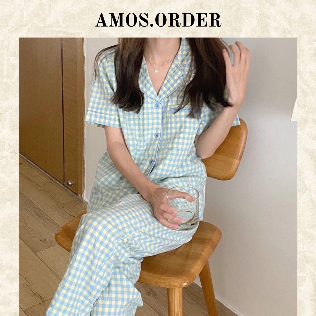 ✨Bộ Ngủ/ Pyjama Kẻ Caro Áo Ngắn Tay Quần Dài Phong Cách Ulzzang Hàn Quốc✨[ KHÔNG HỦY NGANG ]