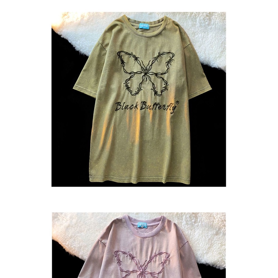 Áo thun OUKABUYI vải cotton tinh khiết tay ngắn họa tiết bướm thời trang 2022 dành cho nam và nữ/ cặp đôi