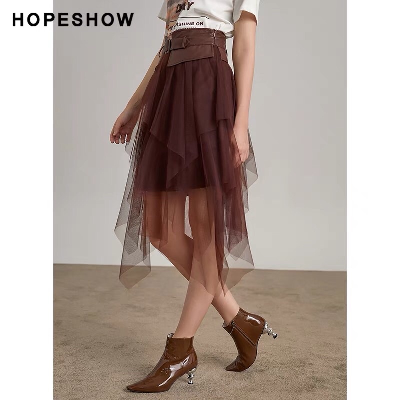 Chân váy ren lưới mix da Hopeshow