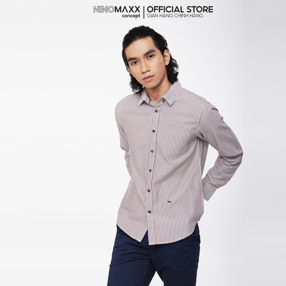 Ninomaxx Áo Sơ Mi Nam dài tay sọc đỏ đô 100% cotton 1908009