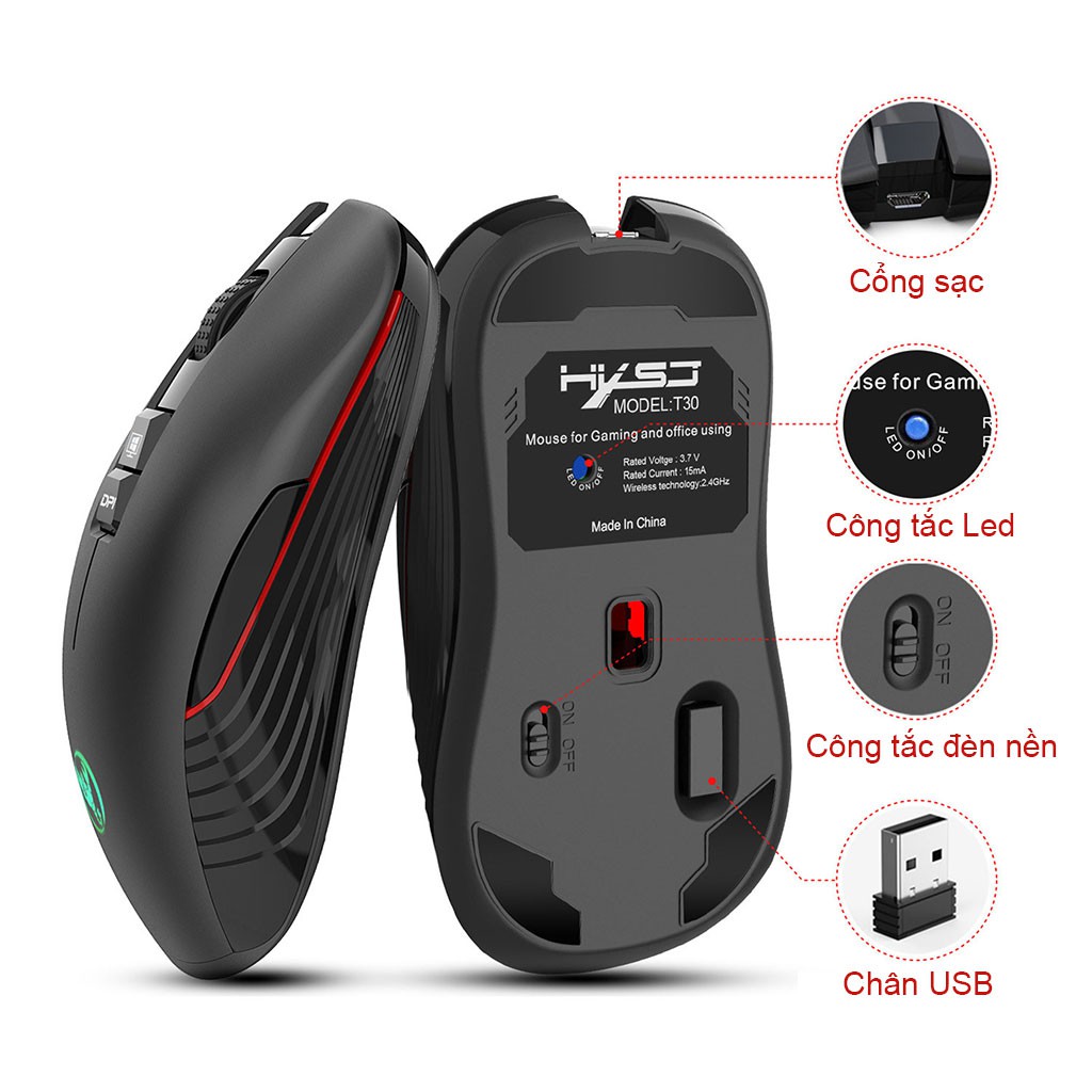 Chuột không dây chơi game HXSJ T30 Wireless 2.4GHz DPI4800 điều chỉnh được cho macbook,máy tính,laptop - Hàng Chính Hãng