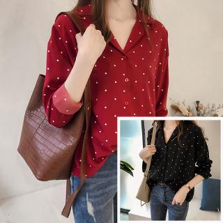 Áo sơ mi nữ tay dài cổ chữ V họa tiết chấm bi thời trang Hàn Quốc