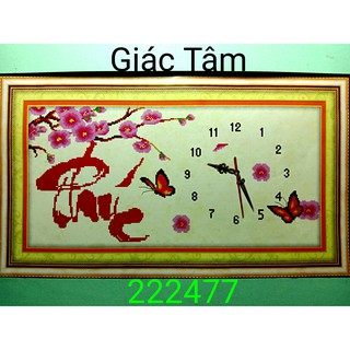 Tranh thêu PHÚC - 64x35cm - 222477 - ĐỒNG HỒ BÔNG HOA BƯỚM CÂY MAI CHỮ SỐ - tranh thêu chữ thập đã thêu
