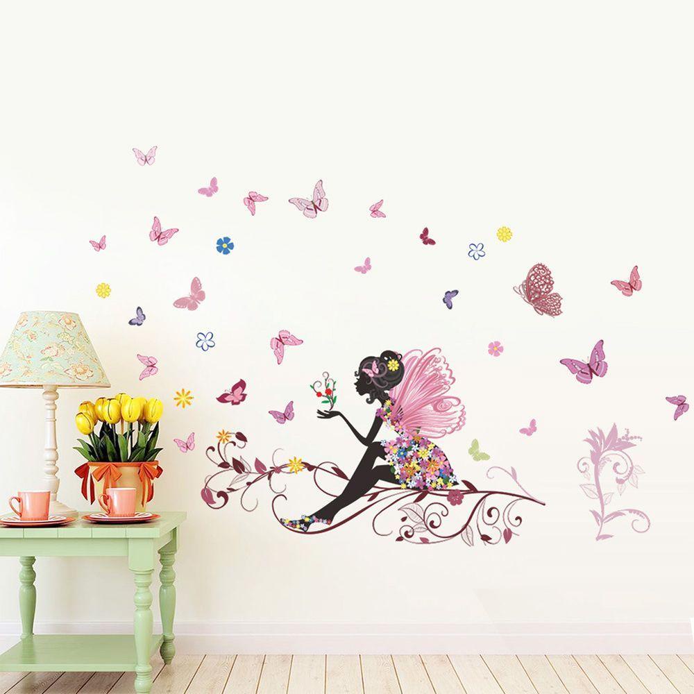 Sticker Dán Tường Họa Tiết Hình Nàng Tiên Và Hoa Dùng Trong Trang Trí Phòng Khách