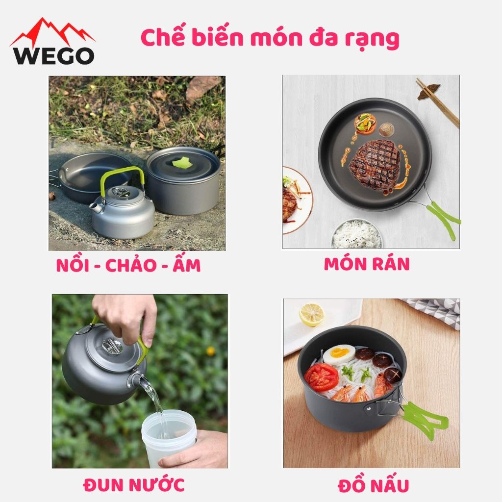 Bộ nồi inox mini chống dính, bộ nồi nhôm du lịch dã ngoại kèm dụng cụ nấu nướng ngoài trời - WEGO