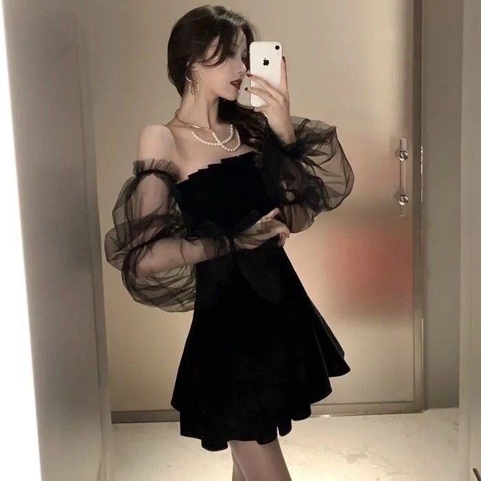 Đầm hở vai sexy phối lưới màu đen eo cao phong cách hàn quốc váy nữ