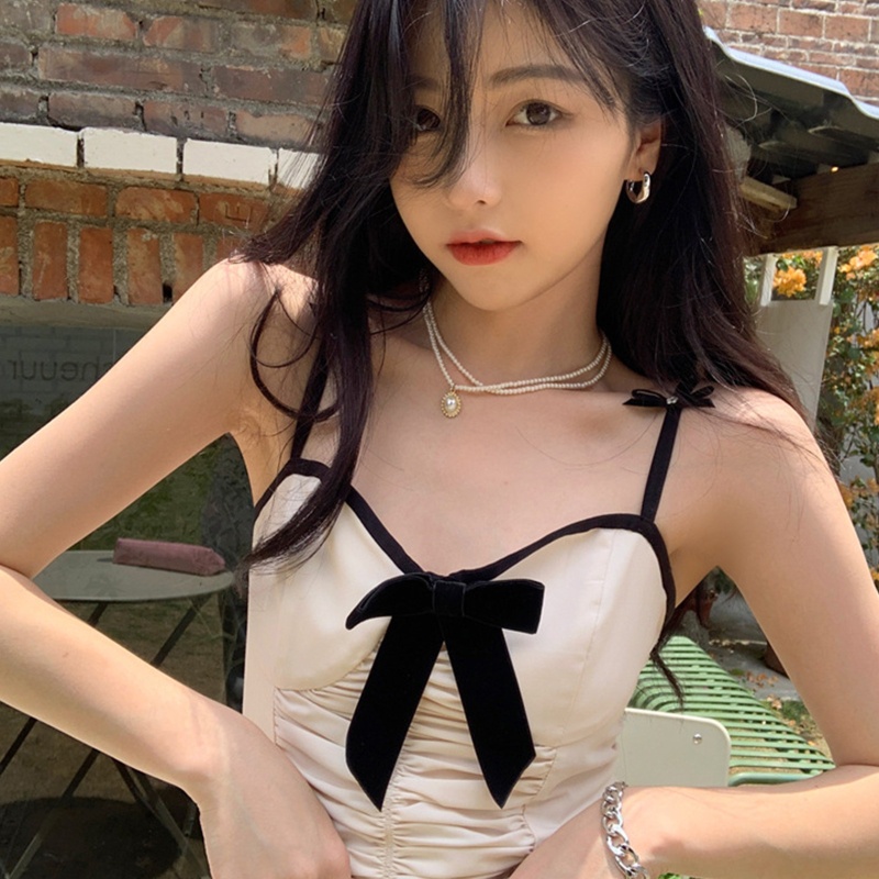 Áo Croptop Hai Dây Cổ Chữ V Thắt Nơ Màu Sắc Tương Phản Chất Liệu Nhung Thời Trang Mùa Hè Cho Nữ