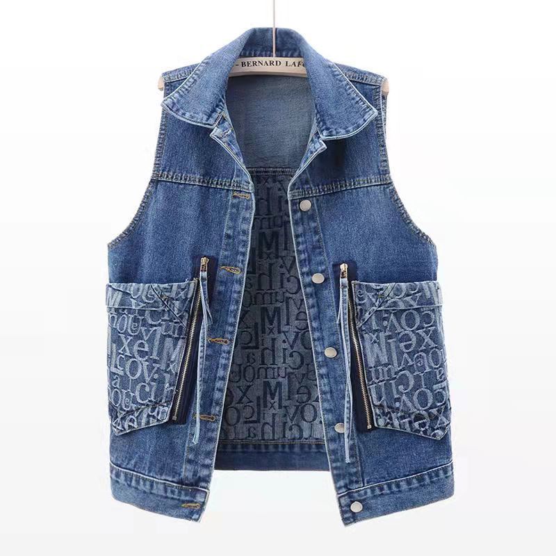 Áo Khoác Denim Không Tay Dáng Rộng Phối Túi Lớn Có Khóa Kéo Thời Trang Hàn Quốc Cho Nữ