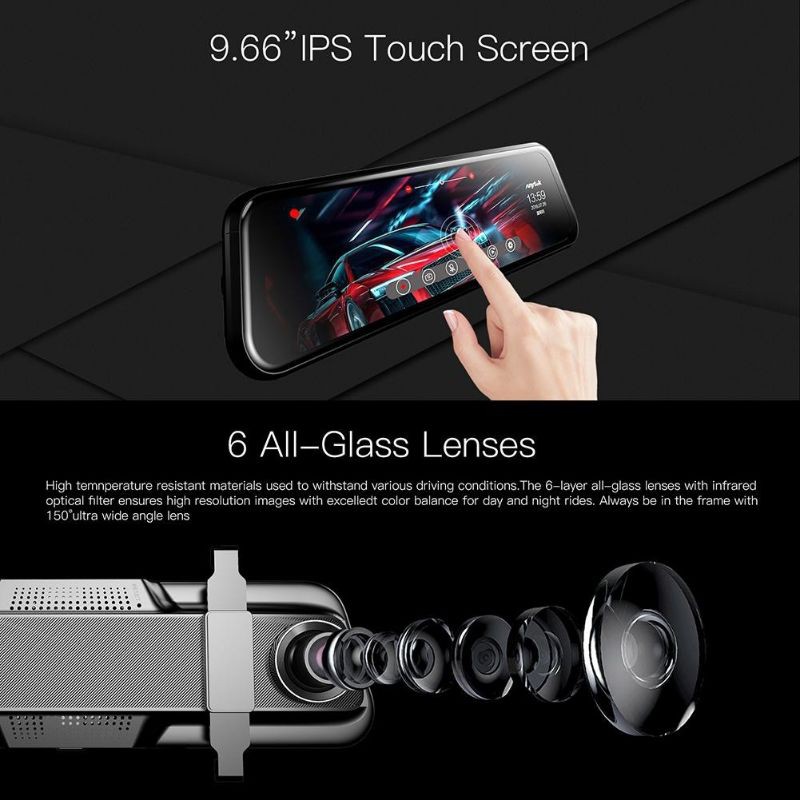 Camera hành trình gương xe ô tô 10 inch cảm ứng Full HD 2 camera trước và sau xe