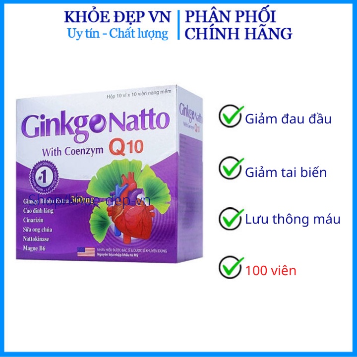 Hoạt huyết tăng cường trí nhớ Gingo Natto With Coenzym Q10 giảm đau đầu, hoa mắt, chóng mặt – Hộp 60 viên