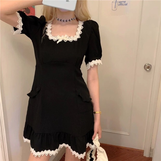 (Video tự quay) Đầm đen phối ren loli ulzzang Hàn Quốc [Yannie] | BigBuy360 - bigbuy360.vn