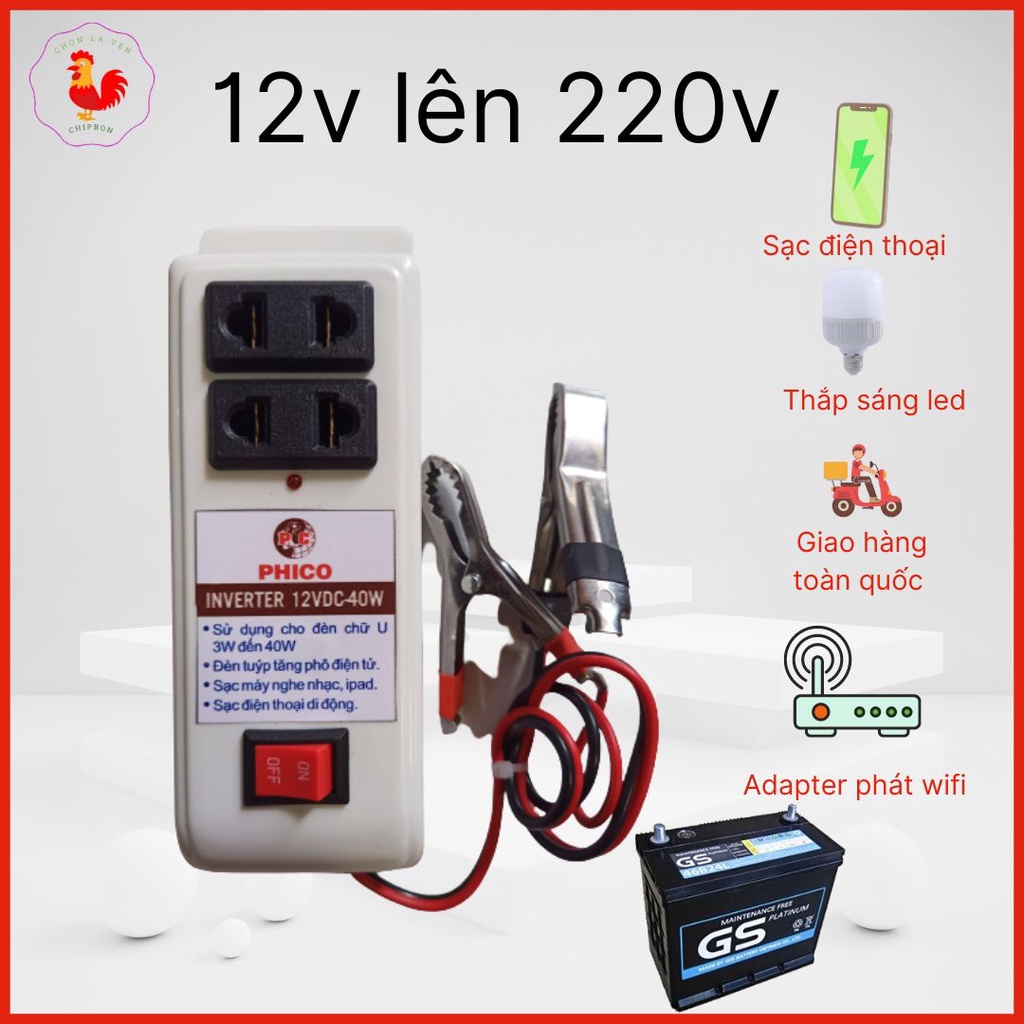 Thiết bị chuyển điện 12V lên 220V dùng sạc điện thoại, đèn bàn học sinh