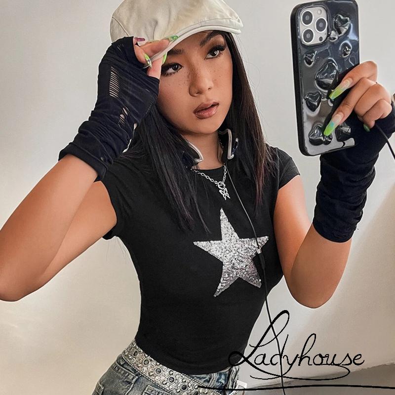 Áo Thun Croptop Tay Ngắn Cổ Tròn In Hình Ngôi Sao Đính Kim Sa Lấp Lánh Thời Trang Mùa Hè Cho Nữ