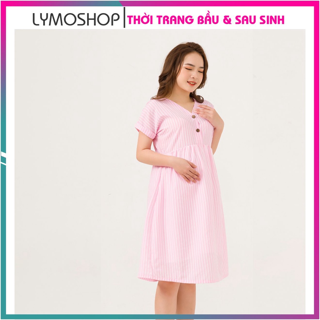 Đầm bầu thiết kế dáng baybydoll MOLYS M2451 cúc giữa vải thô đũi hồng phấn đủ size