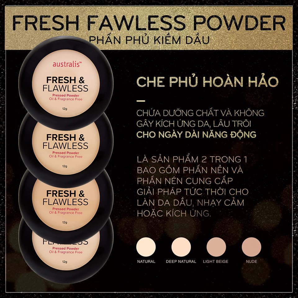 Phấn Phủ Australis Kiềm Dầu 2in1 Tông Da Fresh &amp; Flawless Pressed Powder #Nude 12g